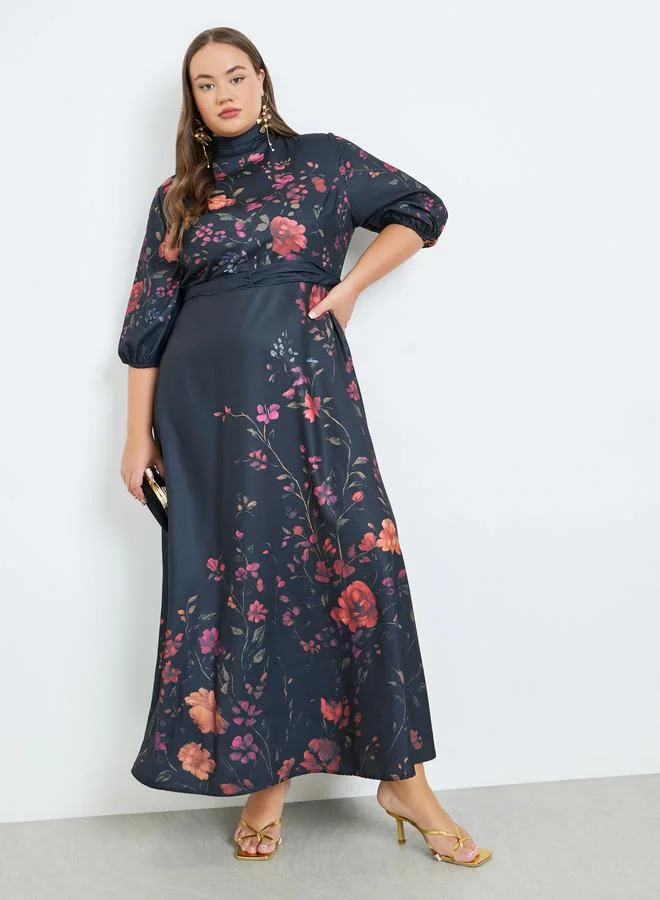 Styli  Plus Size Floral Print Belted A-Line Maxi Dress for Women | Best Price UAE